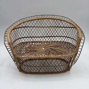 Vintage Wicker Rattan Doll Bench Peacock Style Loveseat Boho Plant Stand